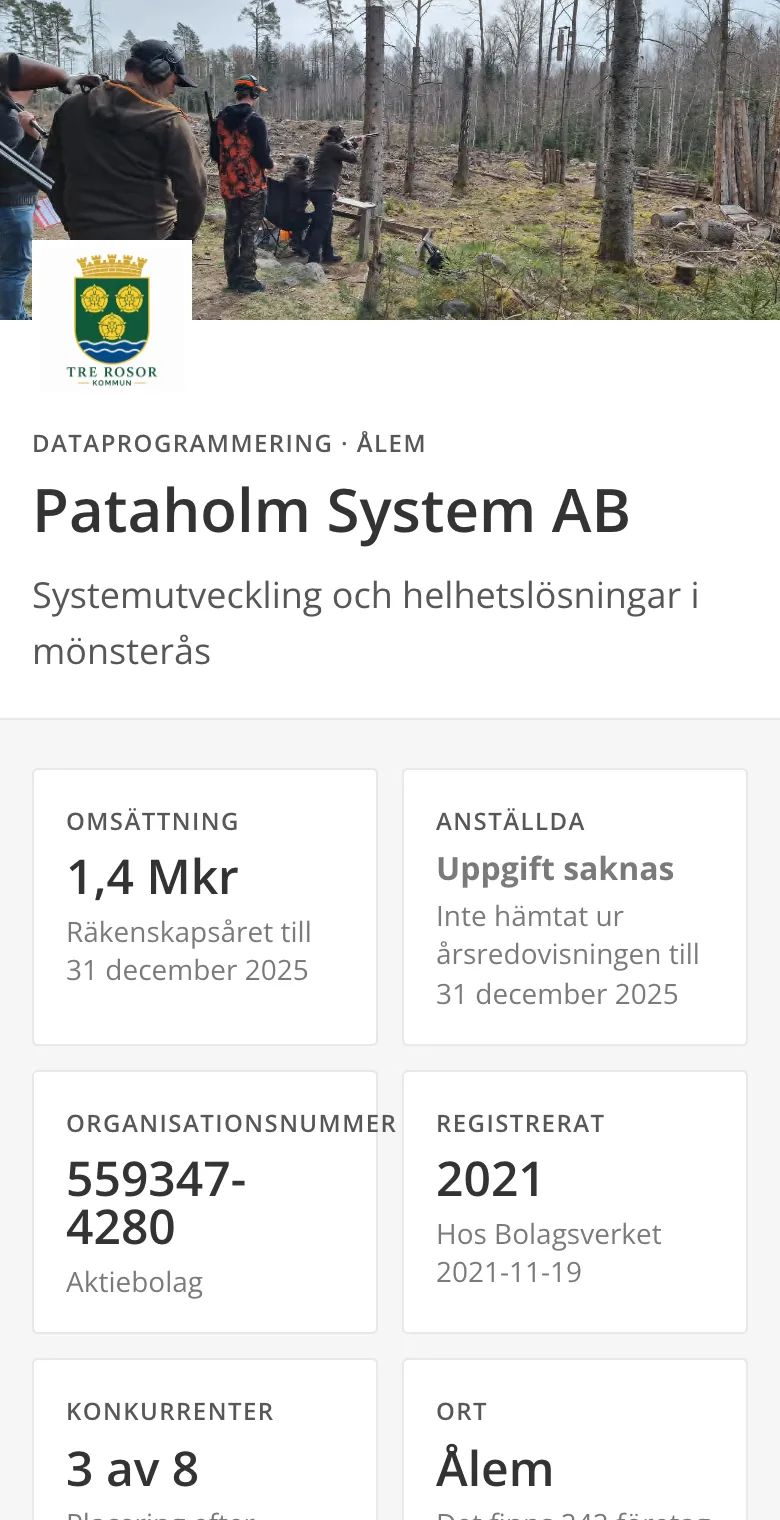 Ett företags sida i registret, i telefonen: omslagsbild, logotyp, namn och nyckeltalen med omsättning, antal anställda, organisationsnummer och placering i branschen.